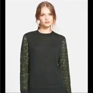 Tory Burch Merino Wool Lace Sleeves Green Long Sleeve Sweater Top Size XS